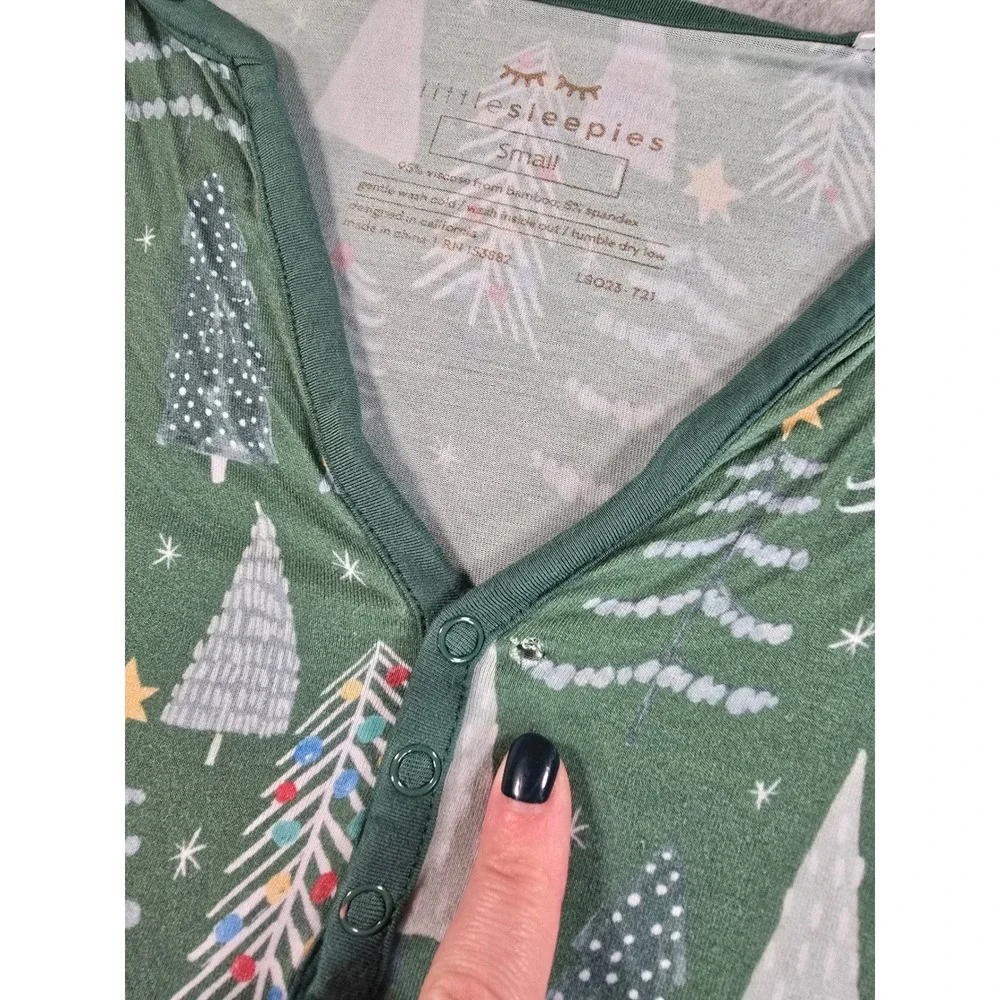 Little Sleepies Pajama Set Womens S/XS Green Christmas Trees Bamboo Lounge PJs